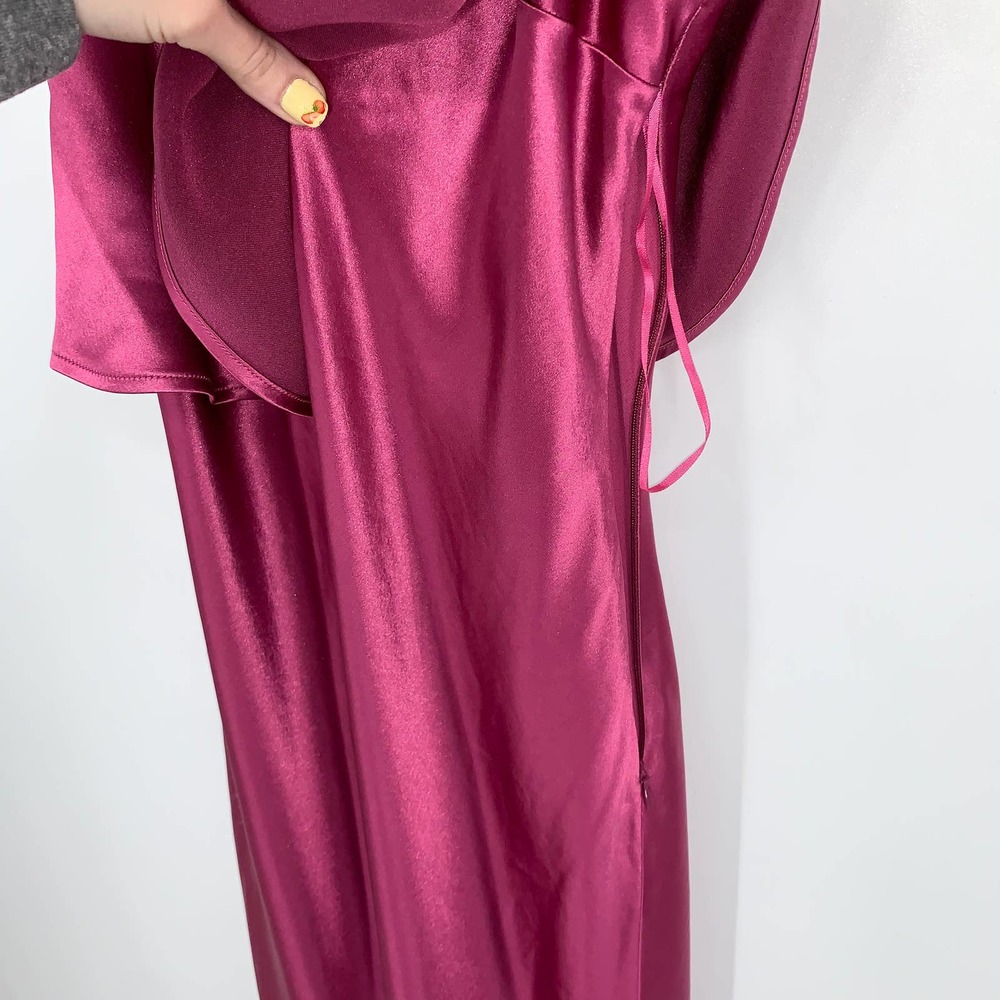 NWT Nadine Merabi Alice Midi Dress in Berry Ruffle Overlay Satin Slip Dress Pink - Picture 6 of 10